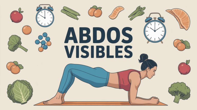 personne fait planche abdos entourée d'aliments et horloges motivation