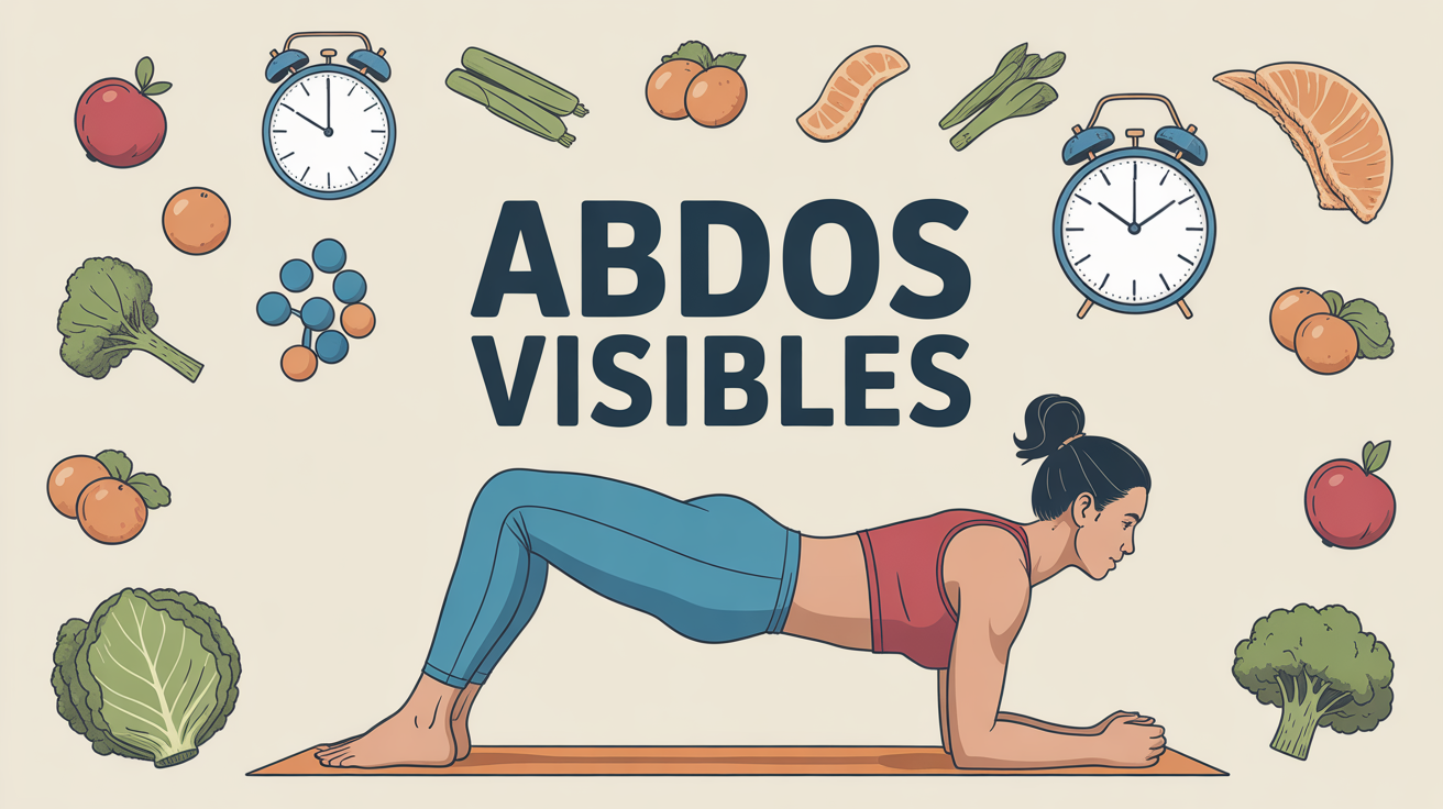 personne fait planche abdos entourée d'aliments et horloges motivation