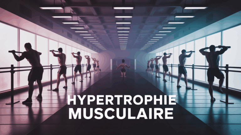 Salle de musculation moderne silhouettes sportives entraînement hypertrophie musculaire
