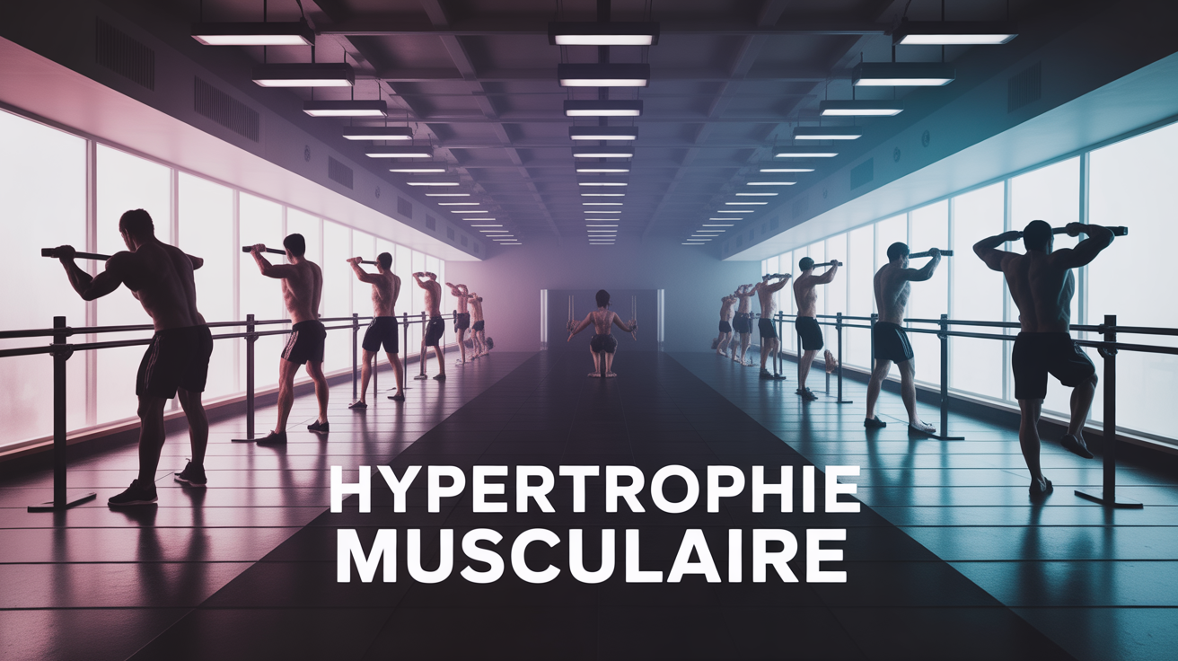 Salle de musculation moderne silhouettes sportives entraînement hypertrophie musculaire