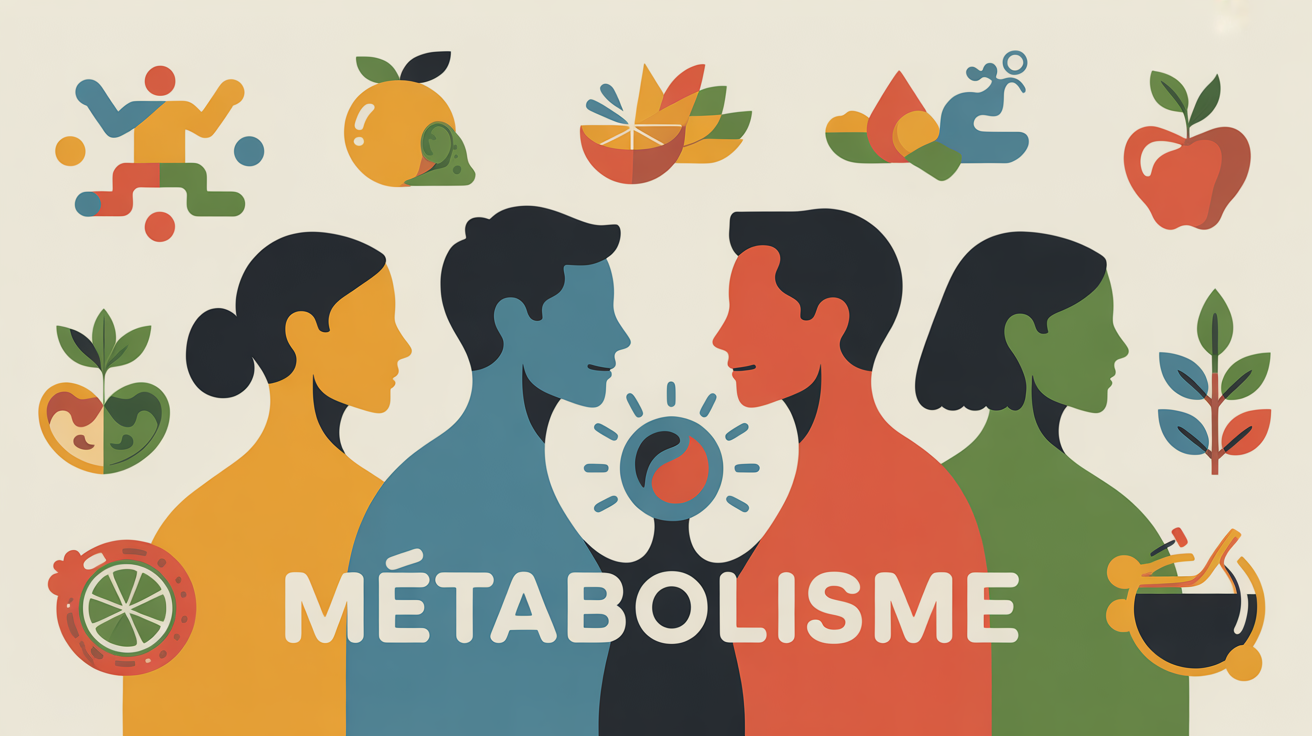 Silhouettes dynamiques seniors autour icones metabolisme