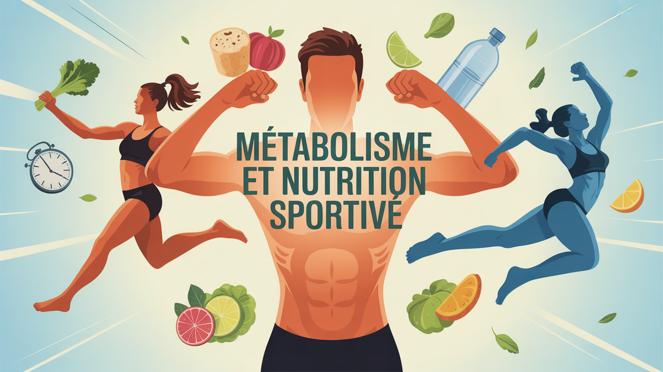 Illustration metabolisme nutrition sportive silhouettes aliments eau