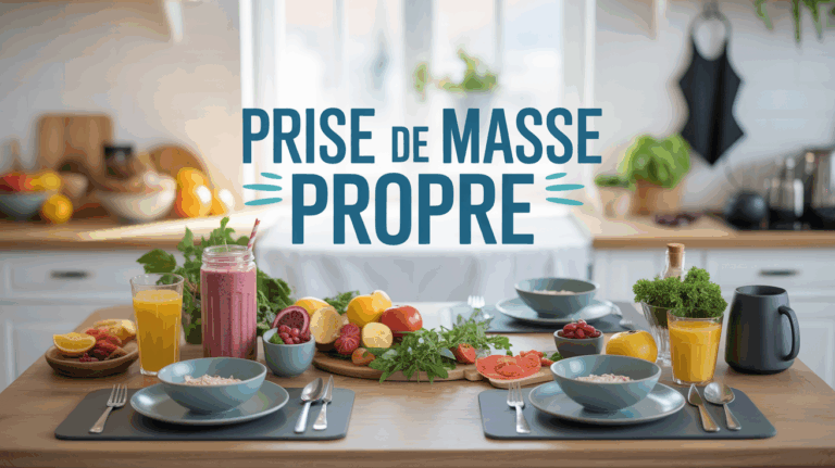 Table cuisine assiettes équilibre et haltère prise de masse propre