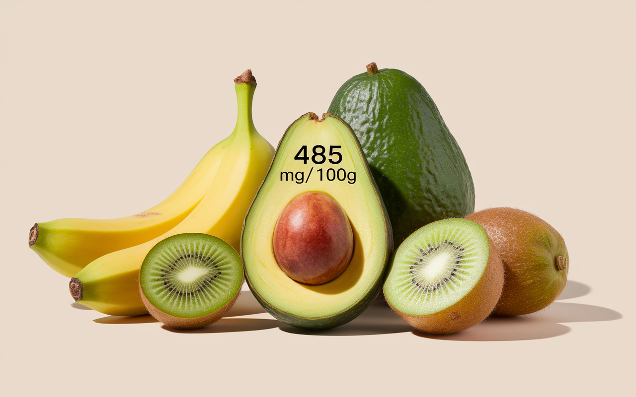 avocat entouré de fruits riches en potassium