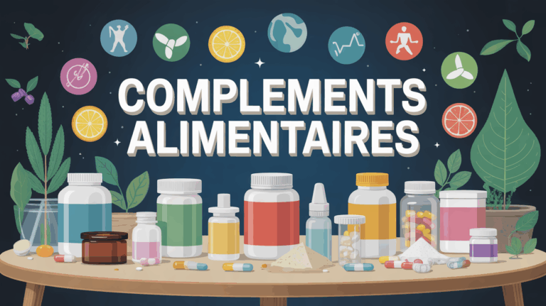 Assortiment de complements alimentaires pilules gelules poudre sante sport