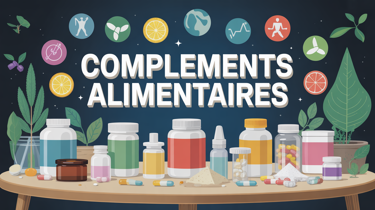 Assortiment de complements alimentaires pilules gelules poudre sante sport