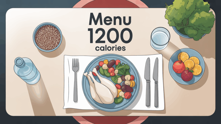 Plat équilibré menu 1200 calories avec poulet, légumes, quinoa et eau