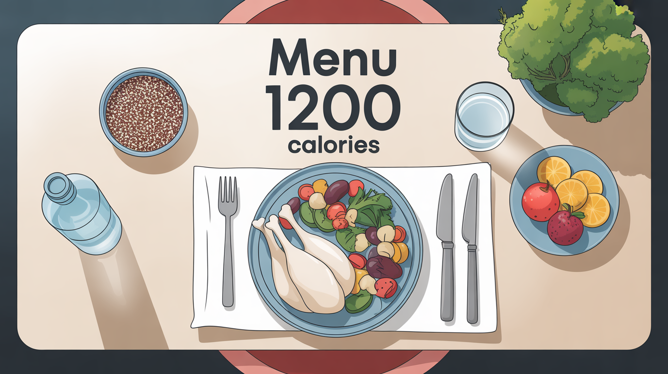 Plat équilibré menu 1200 calories avec poulet, légumes, quinoa et eau