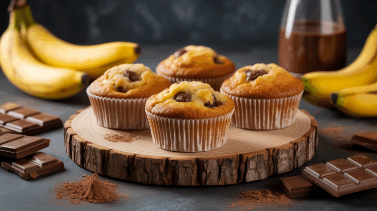 Muffins banane chocolat healthy sortis du four sur plateau bois
