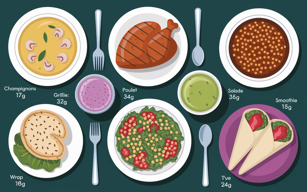 Assiettes variées riches en protéines vue de dessus