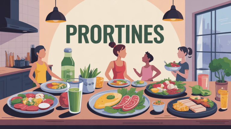 Cuisine moderne avec plats riches en protéines et silhouettes familiales