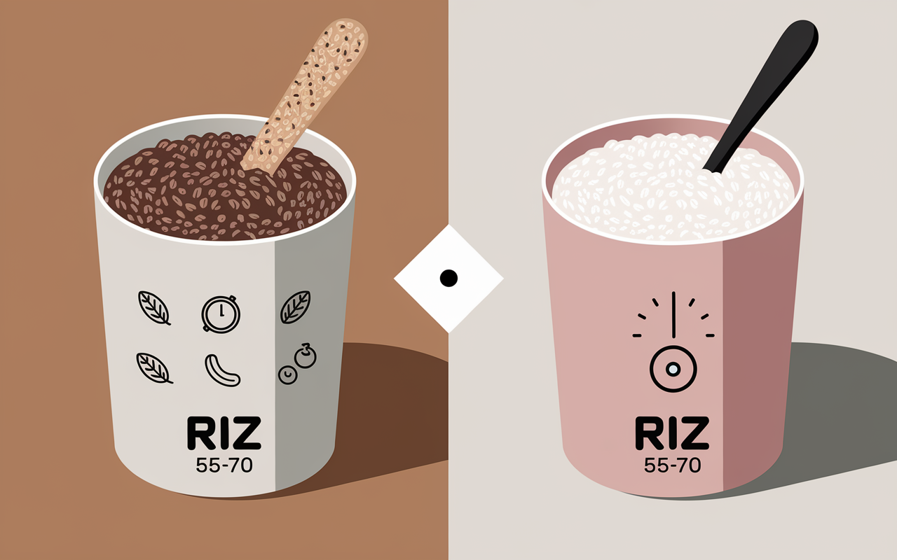 Bols de riz complet et blanc, icônes fibres et digestion, IG visible