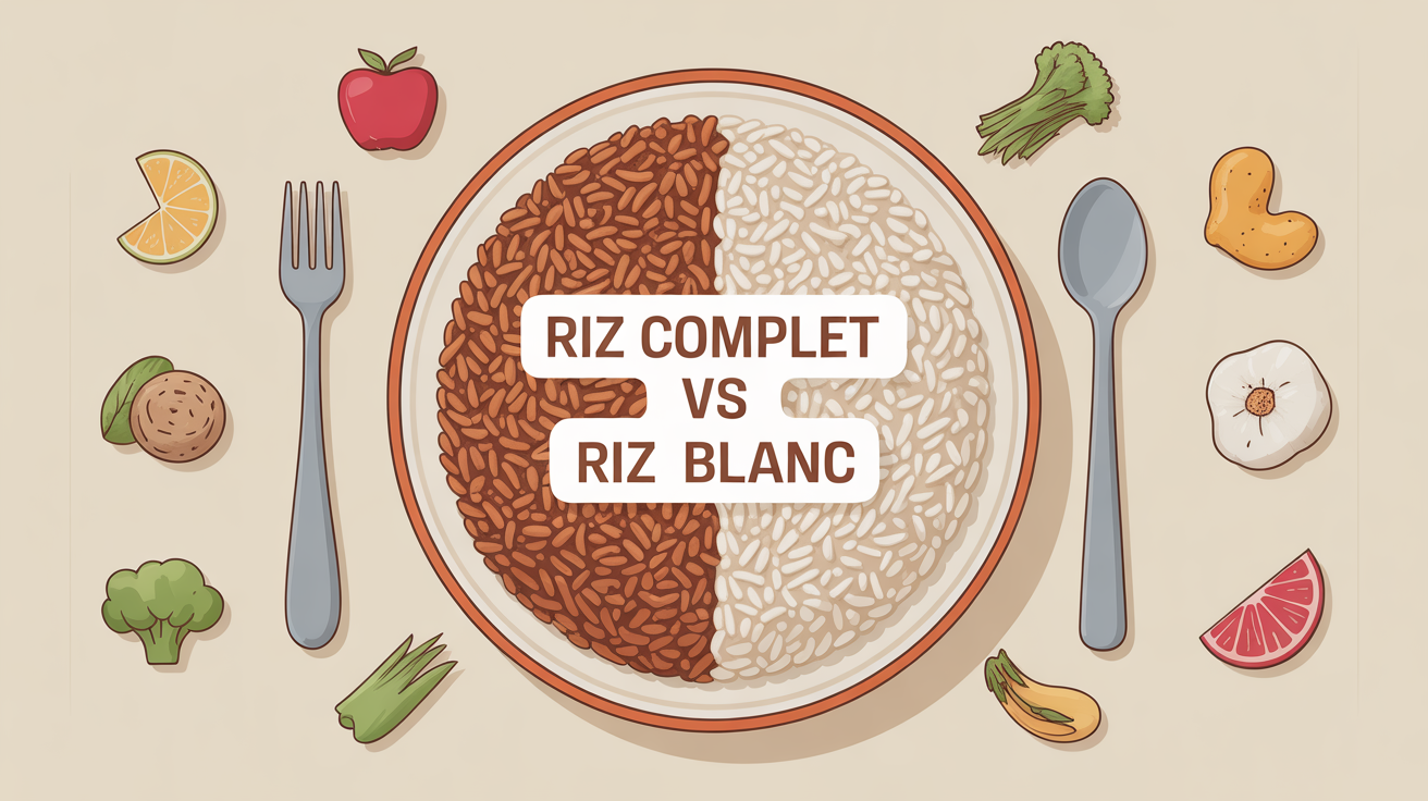 Assiette avec riz complet et blanc, comparaison nutritionnelle