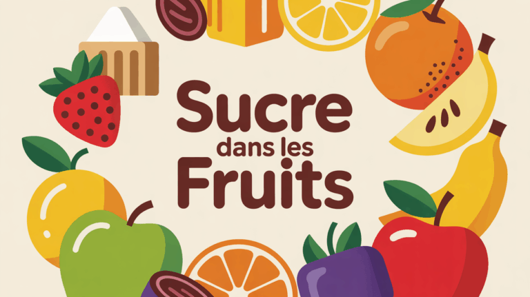 corbeille de fruits variés avec pictogrammes sucre et fibres
