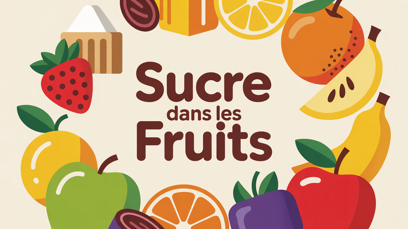corbeille de fruits variés avec pictogrammes sucre et fibres