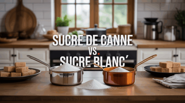 Comparatif sucre de canne et sucre blanc sur table de cuisine