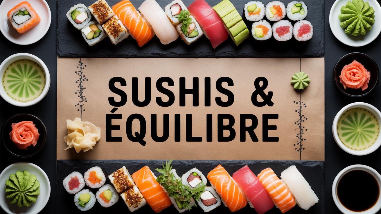 photo SEO sushis et equilibre plateau coloré avec miso crudites