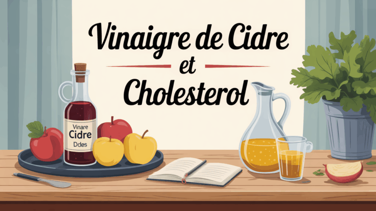 vinaigre de cidre bouteille sur table avec pommes et carnet, cholesterol