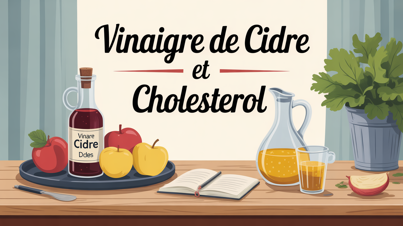 vinaigre de cidre bouteille sur table avec pommes et carnet, cholesterol