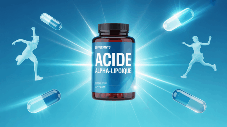 flacon supplement acide alpha lipoique sport fond bleu