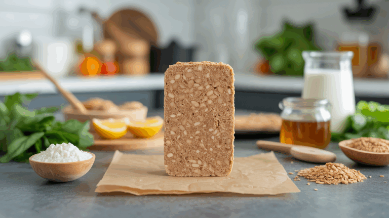 grande barre protéinée whey maison et ingrédients sur fond cuisine moderne