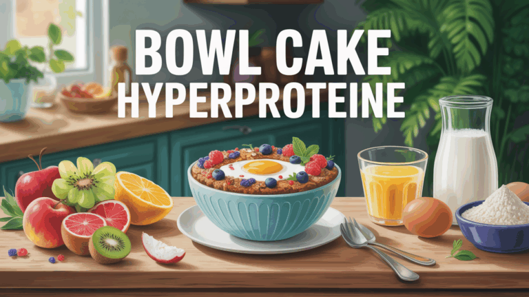 Bowl cake protéiné avec fruits, avoine, oeufs pour petit-déjeuner