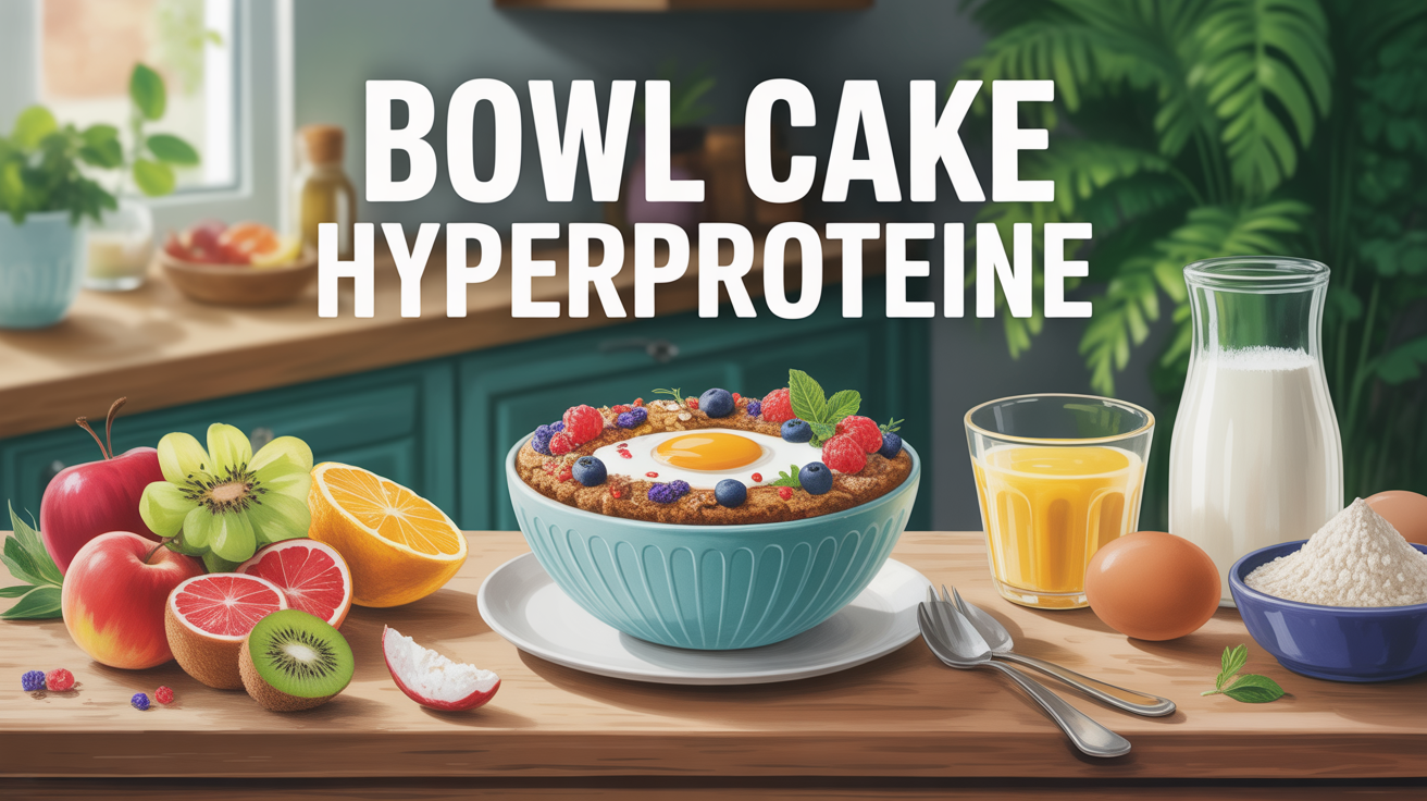 Bowl cake protéiné avec fruits, avoine, oeufs pour petit-déjeuner