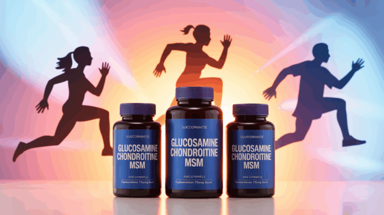 Trio flacons Glucosamine Chondroïtine MSM sur table fond lumineux