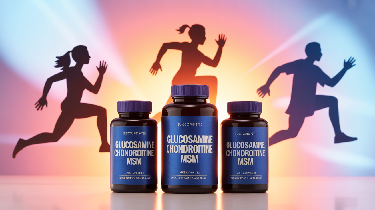 Trio flacons Glucosamine Chondroïtine MSM sur table fond lumineux