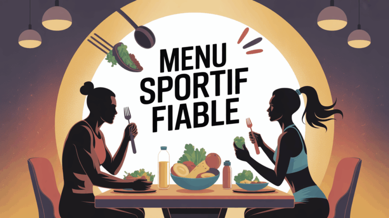 illustration menu sportif fiable avec sportifs et aliments sains