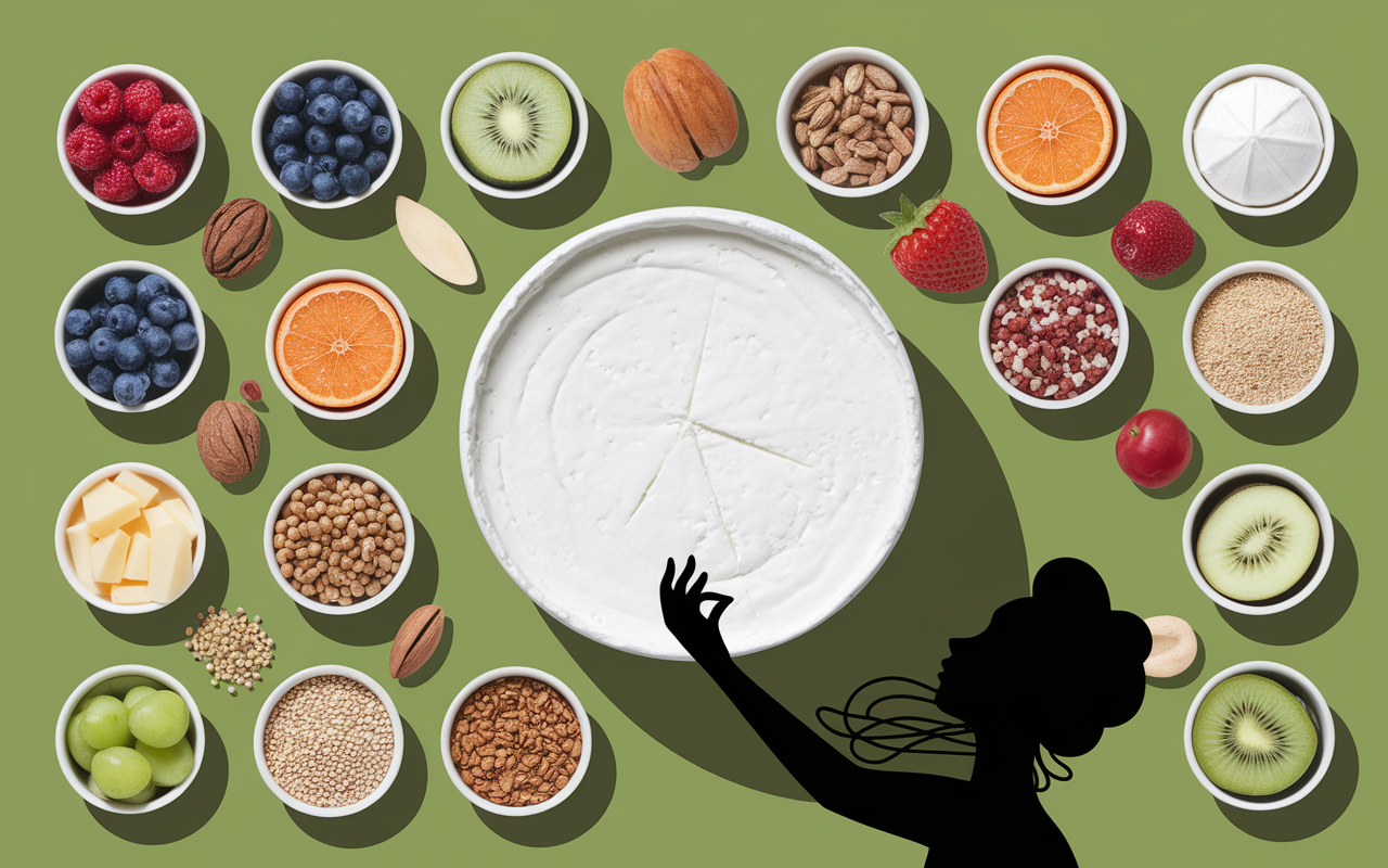 Toppings variés autour d’un bol de fromage blanc au petit déjeuner