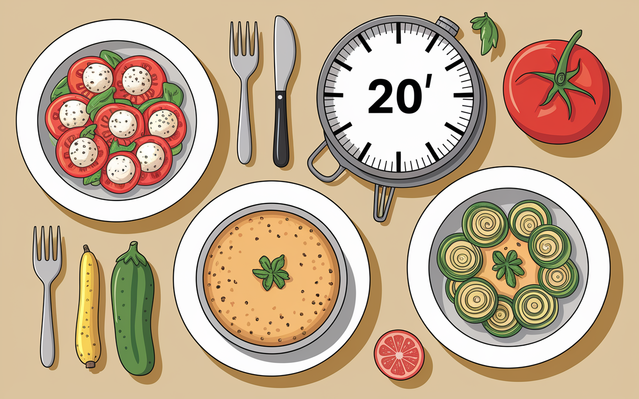 Trois plats rapides de pâtes healthy sur plan de travail, minuteur, ingrédients frais