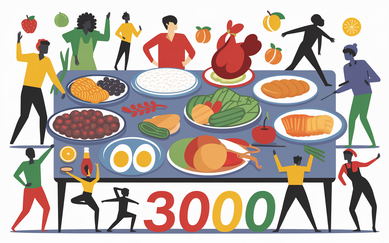Assiettes colorées et sportifs autour d’une table 3000 calories