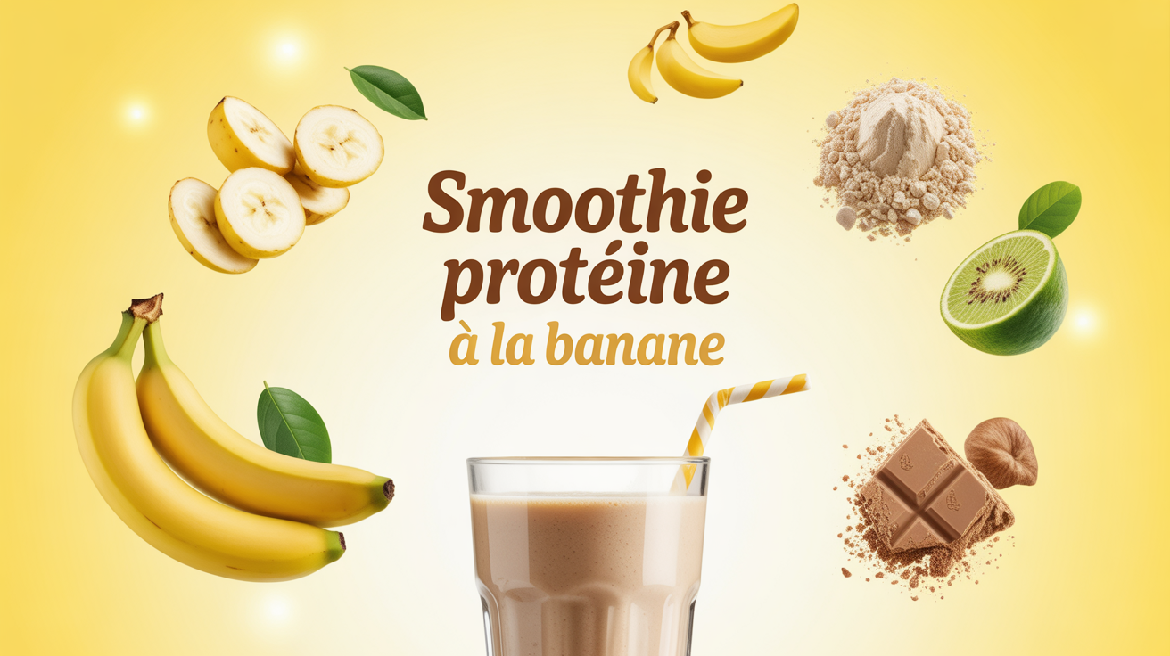 Ingrédients smoothie protéiné banane autour d'un verre