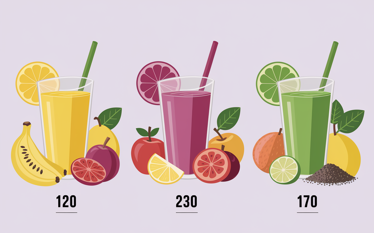 Trois smoothies sportifs banane fruits rouges chia avec chiffres nutritionnels