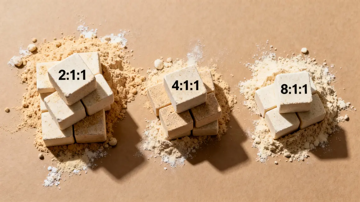 Comparatif ratios BCAA cubes 2 1 1 4 1 1 8 1 1