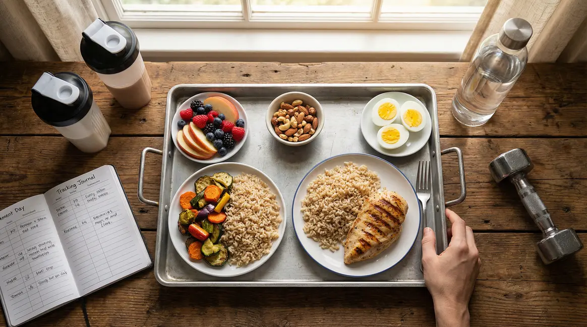 plateau repas prise de masse musculation blanc de poulet riz legumes fruits oeufs noix shakers bouteille eau carnet haltere