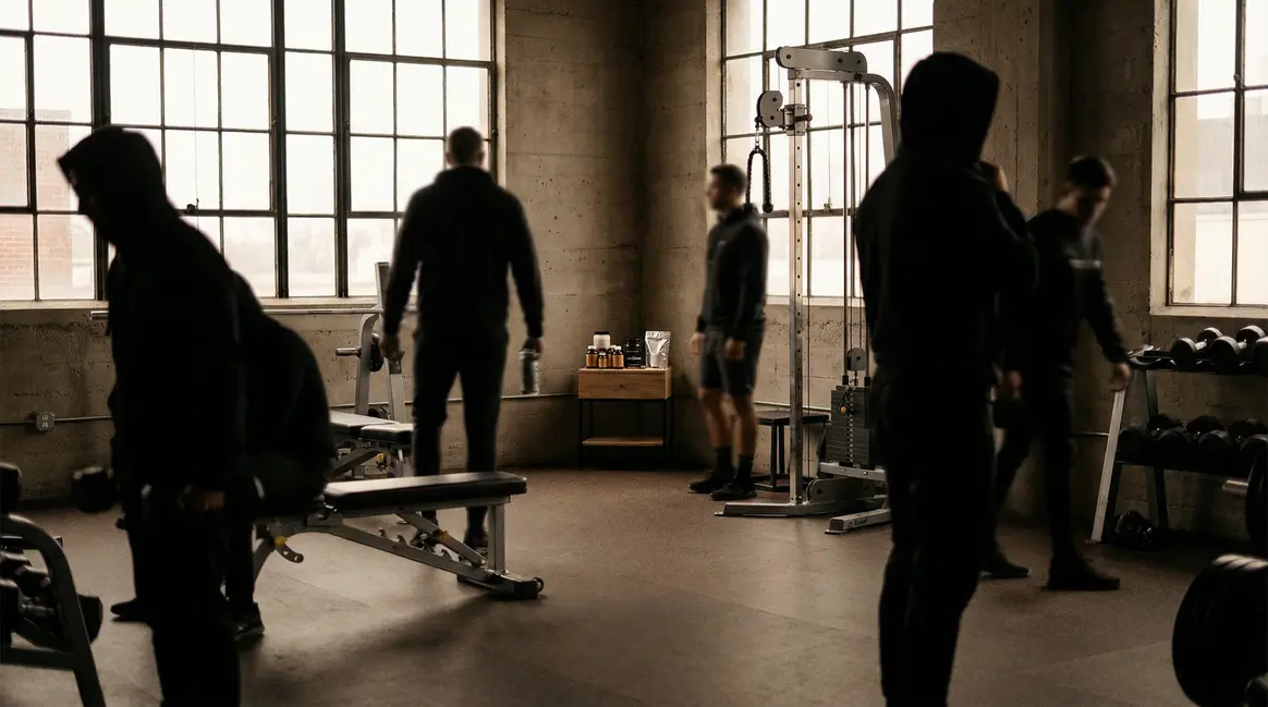 Salle de musculation, silhouettes s'entraînant, produits dopants sur table
