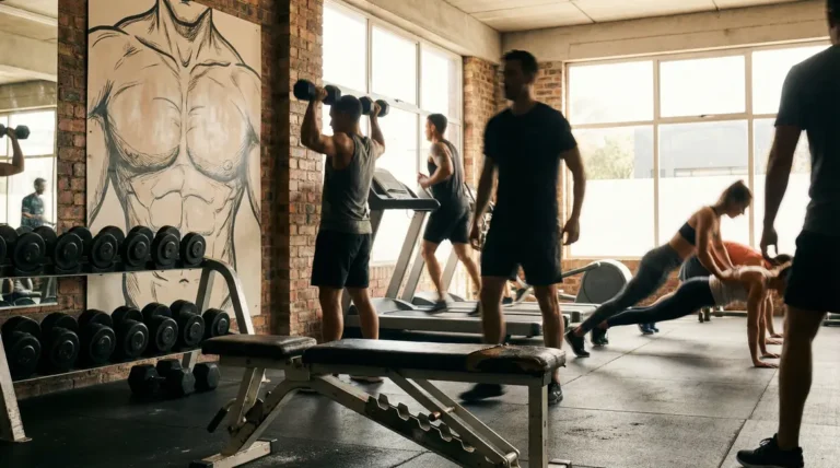 Salle de musculation avec banc et haltères pour exercices pectoraux