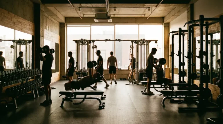 Salle musculation split zones haltères machines bancs