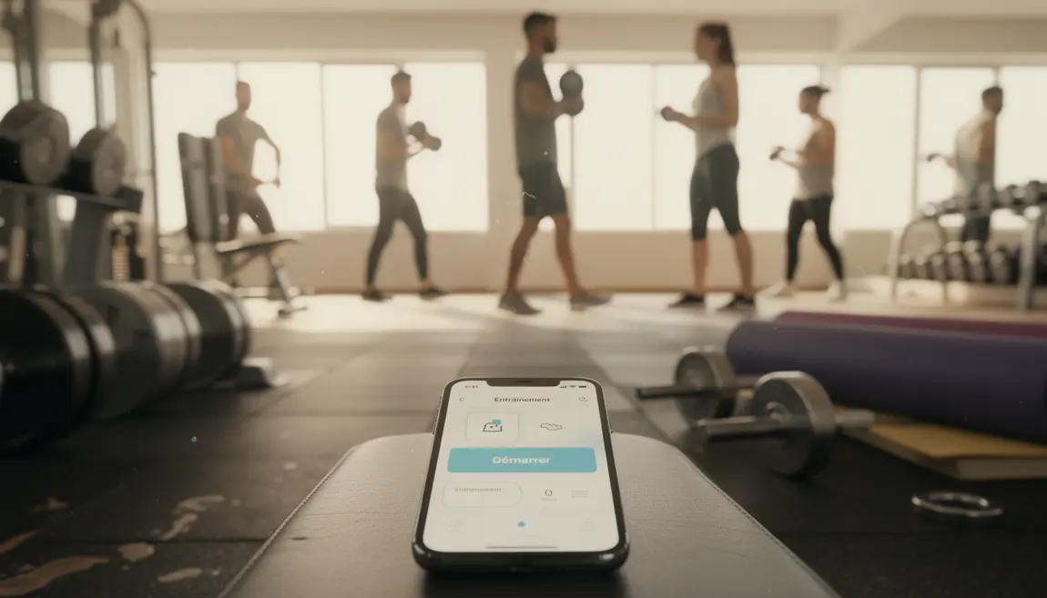 Salle de sport moderne avec application musculation sur smartphone