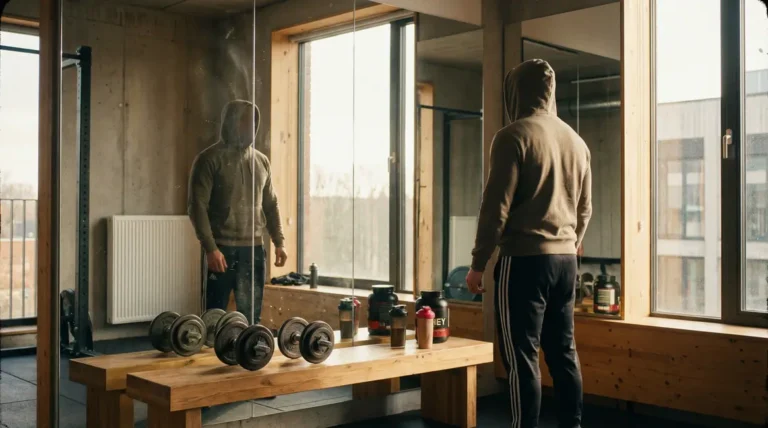 Salle de sport moderne avec suppléments et haltères