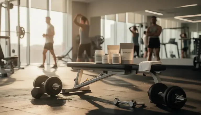 booster pre workout poudres capsules sur banc salle de sport