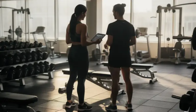 Coach montre plan entraînement reprise musculation