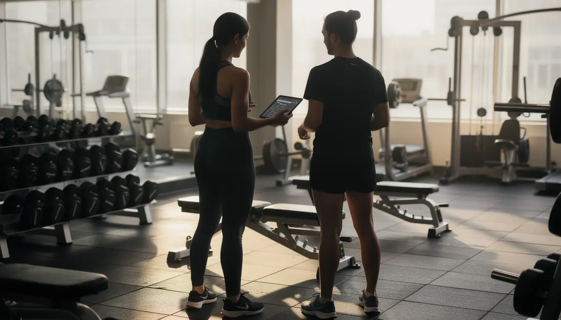 Coach montre plan entraînement reprise musculation