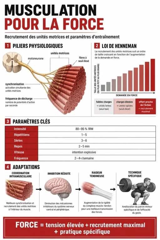 Infographie sur les principes de la musculation pour la force et le recrutement neuromusculaire