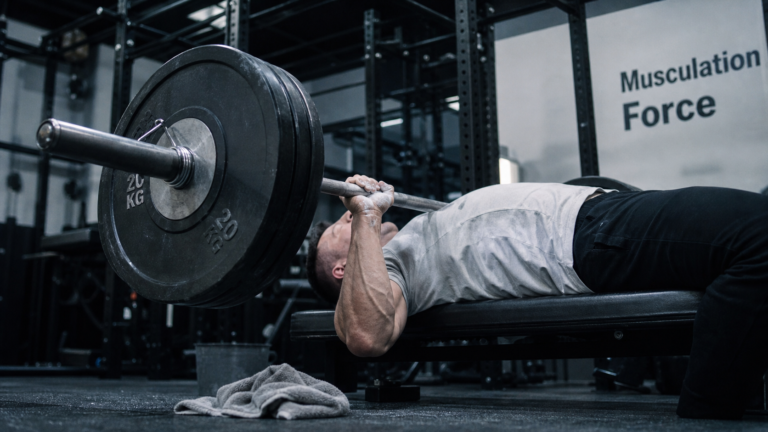 Musculation pour la force : athlète au développé couché lourd
