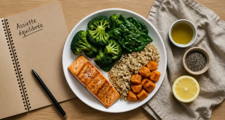 Quoi manger en regime : assiette type minceur, saumon, quinoa et légumes