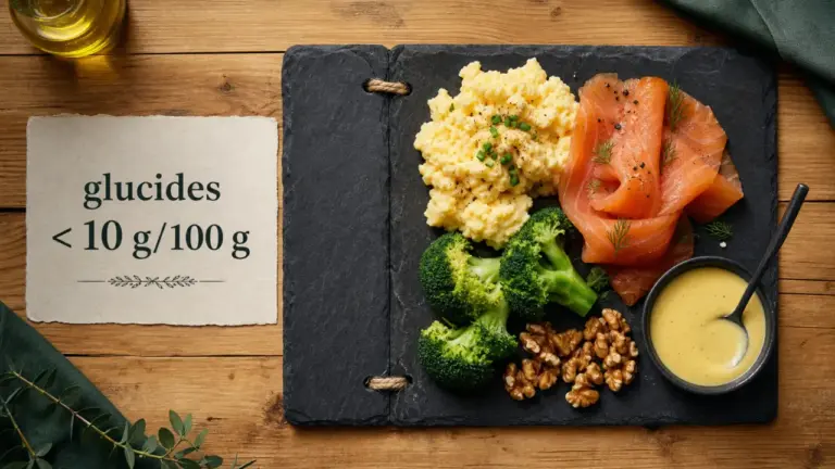 Aliments pauvre en glucide : assiette low carb œufs, saumon et brocoli (moins de 10 g glucides/100 g)