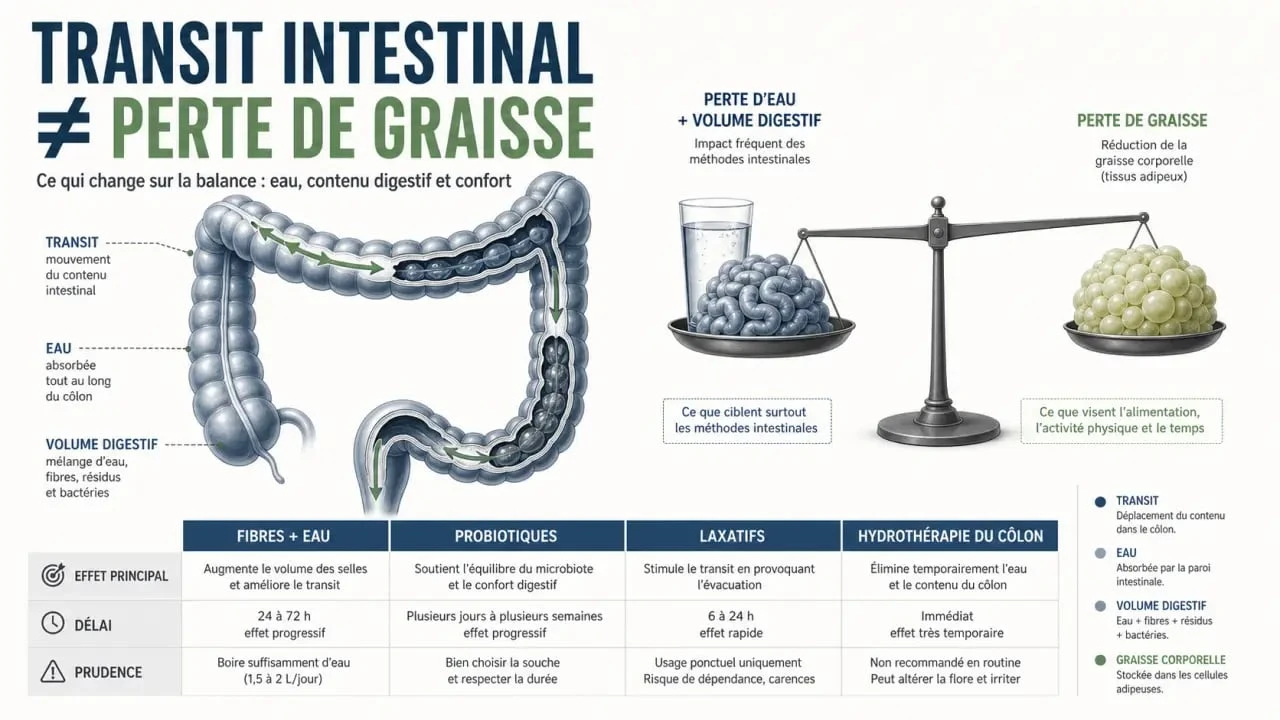 nettoyage du côlon et perte de poids : schéma santé montrant le transit intestinal, la balance et la différence entre dégonflement et perte de graisse